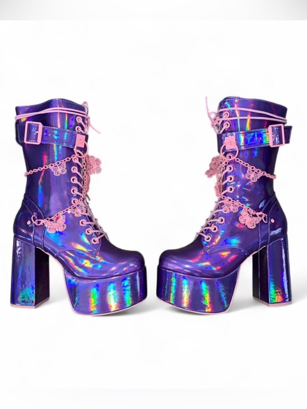 NWOB Club Exx Size 9 Iridescent Purple & Pink Platform Boots w Butterfly Chains